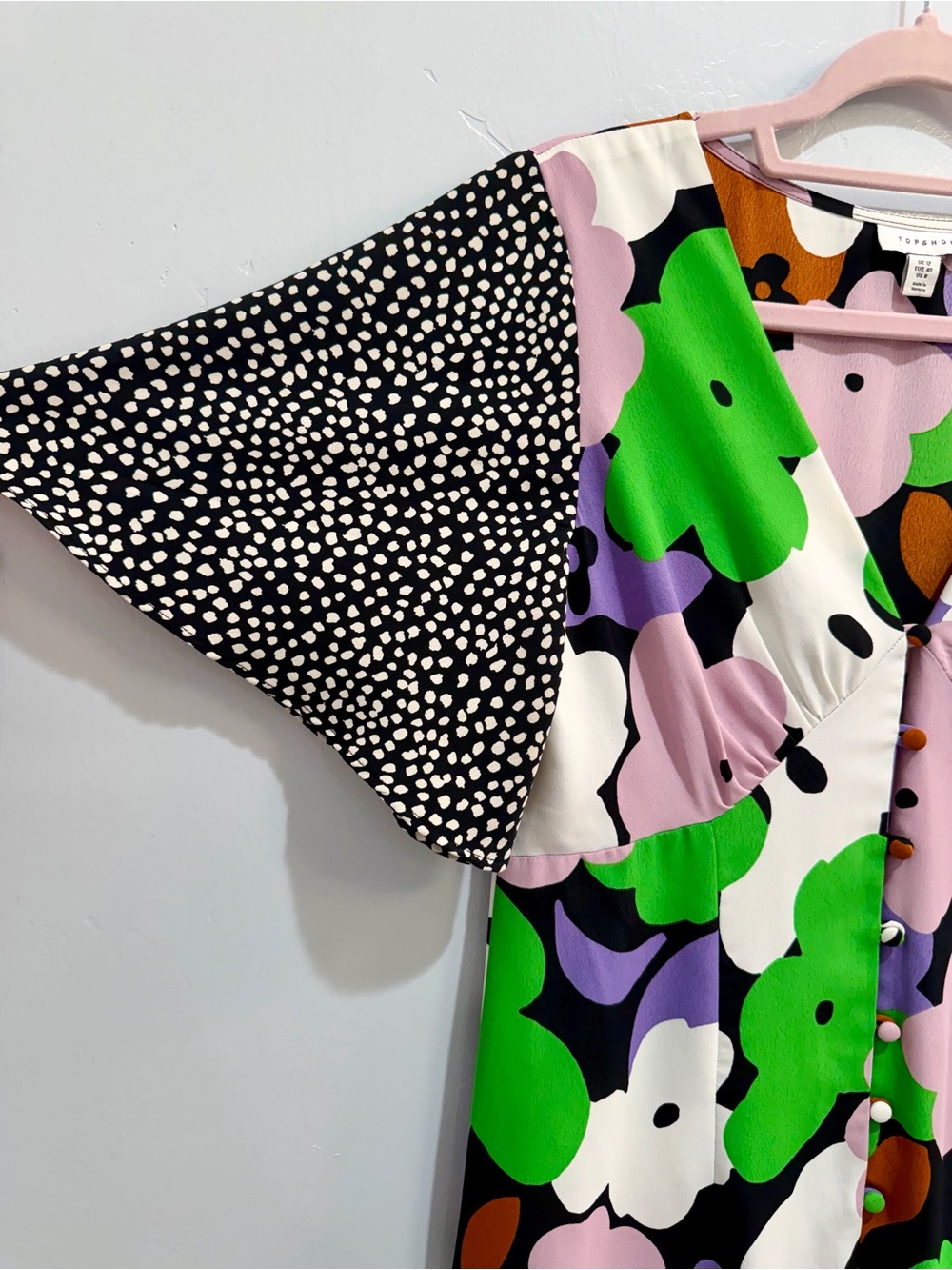 Sold Topshop Mixed Print Floral Polka Dot Midi Dress Multi-Color Flutter Sleeve - Picture 7 of 13